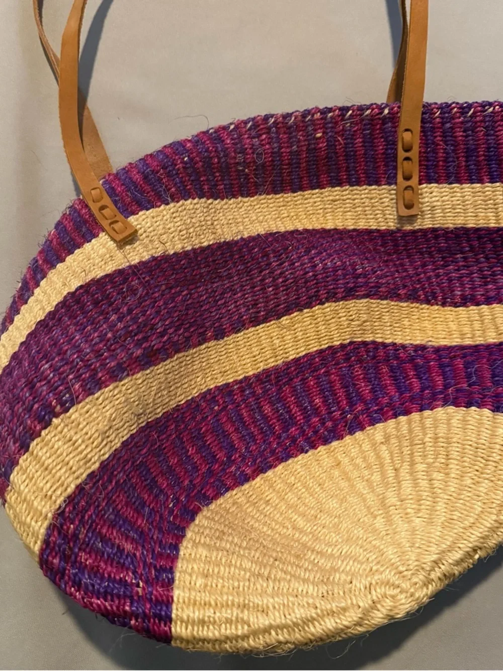 Woven Straw Tote Bag in Purple & Cream with Leather Straps Made in Kenya - Picture 2 of 9